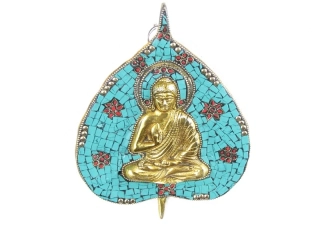 Buddha z kovu v listu 20 cm vykládaný