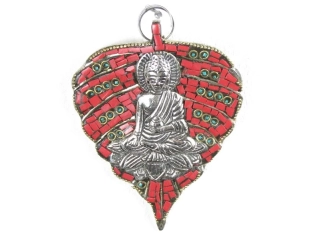 Buddha z kovu v listu 13 cm vykládaný