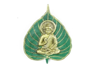 Buddha z kovu v listu 19 cm zelený