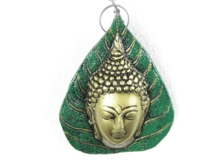Buddha z kovu v listu 10 cm zelený